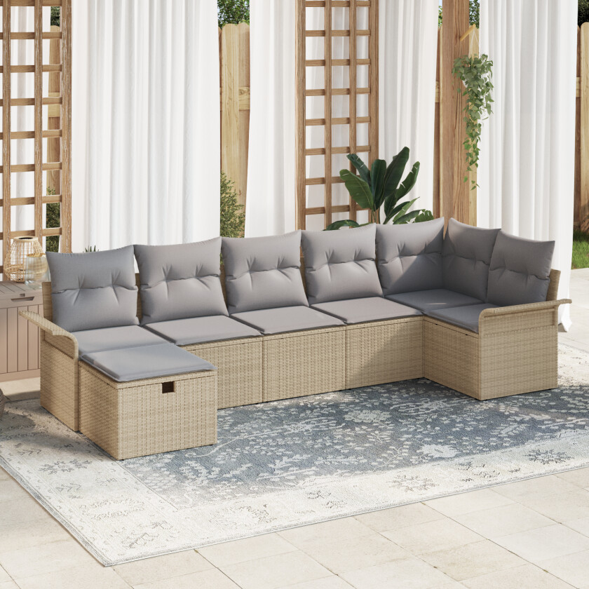 7 Delt Hage Sofa Sett med Puter Beige Poly Rattan, 2-seters Hage Sofa med Oppbevaring & Puter Beige Poly Rattan