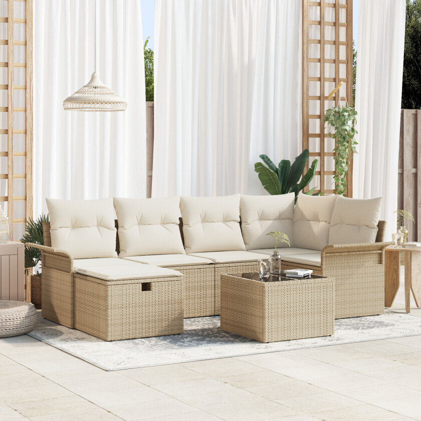 7-delt hagesofa-sett med puter beige poly rattan, 2-seters hagesofa med oppbevaring og puter beige poly rattan