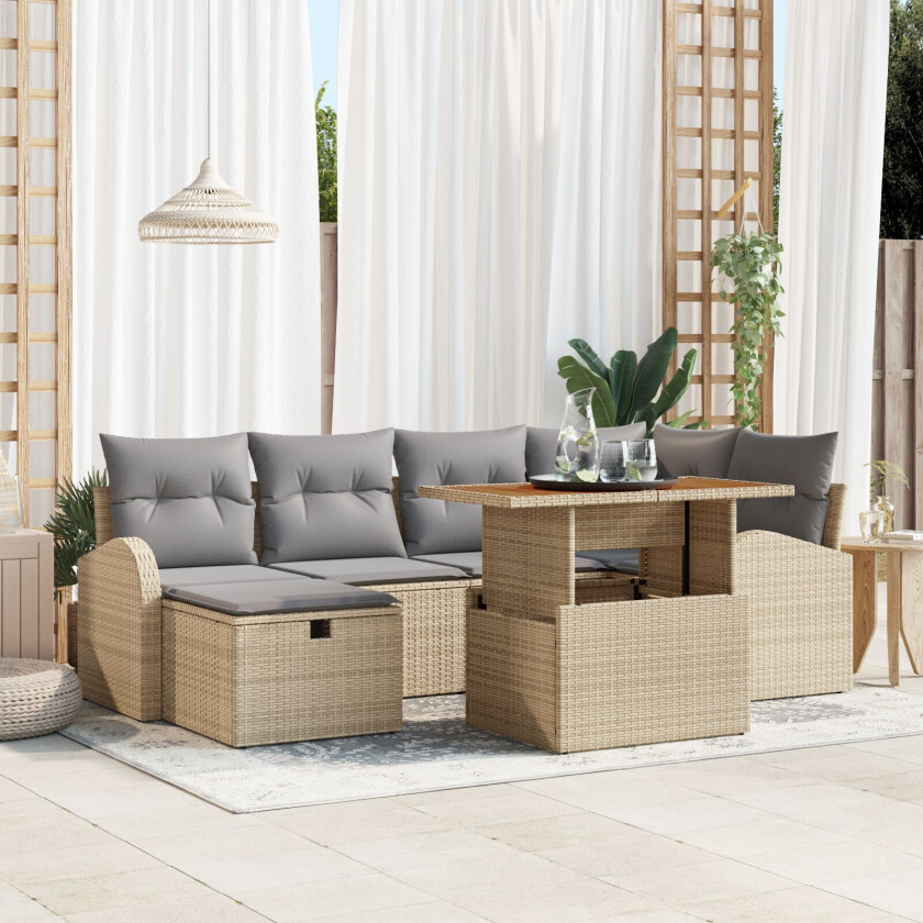 7 Delt Hage Sofa Sett med Puter Beige Poly Rattan