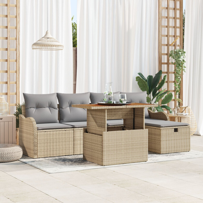 6-delt hagesofa sett med puter i beige poly rattan, 2-seters hagesofa med puter i beige poly rattan