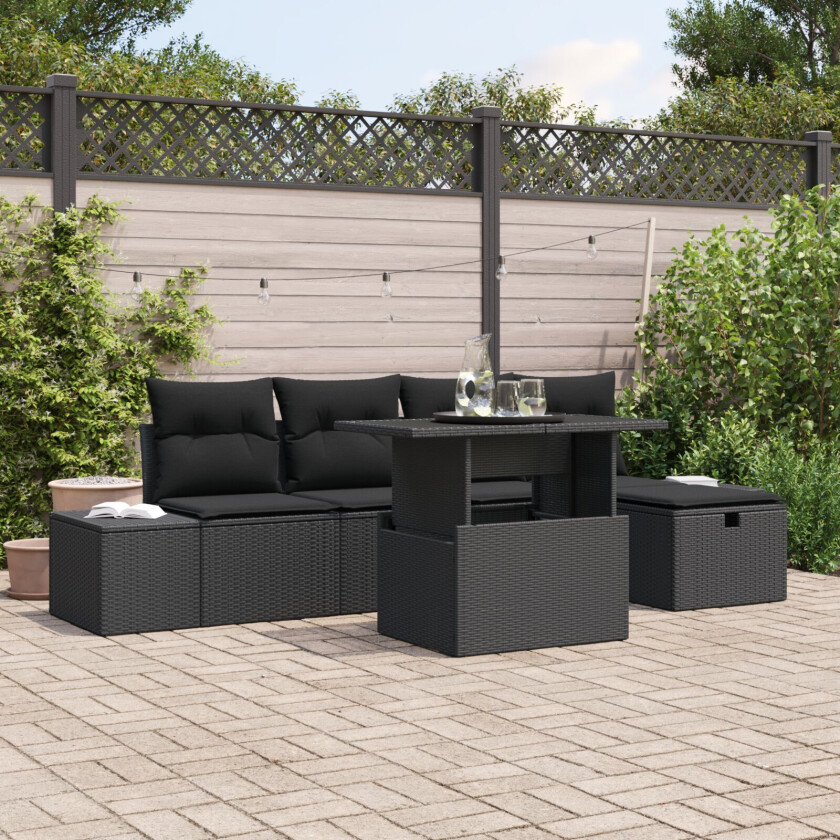 6-delt Hagesofa-sett med puter Svart Poly Rattan