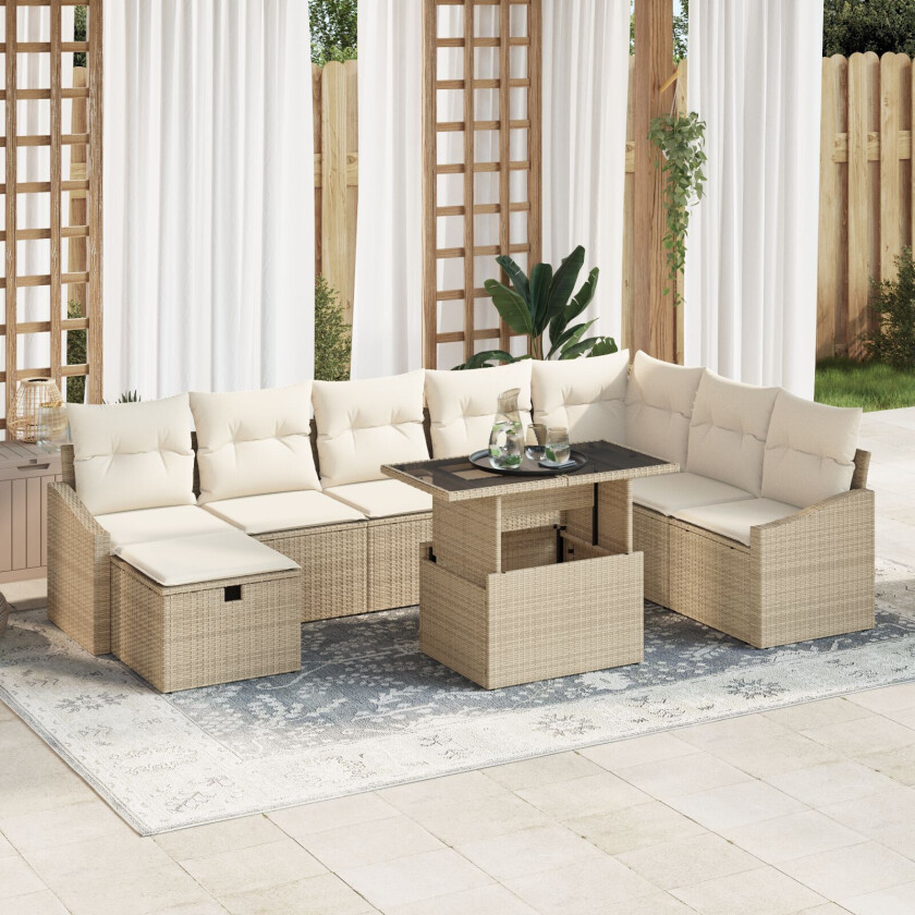 9 Delt Hagesofa Set med Puter Beige Poly Rottning