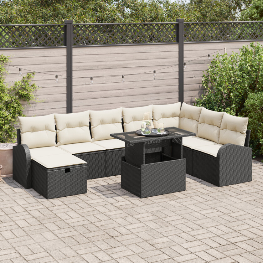 9-delt Hage Sofa Set med Puter Svart Poly Rattan, 2-seters Hage Sofa med Oppbevaring & Puter Svart Poly Rattan