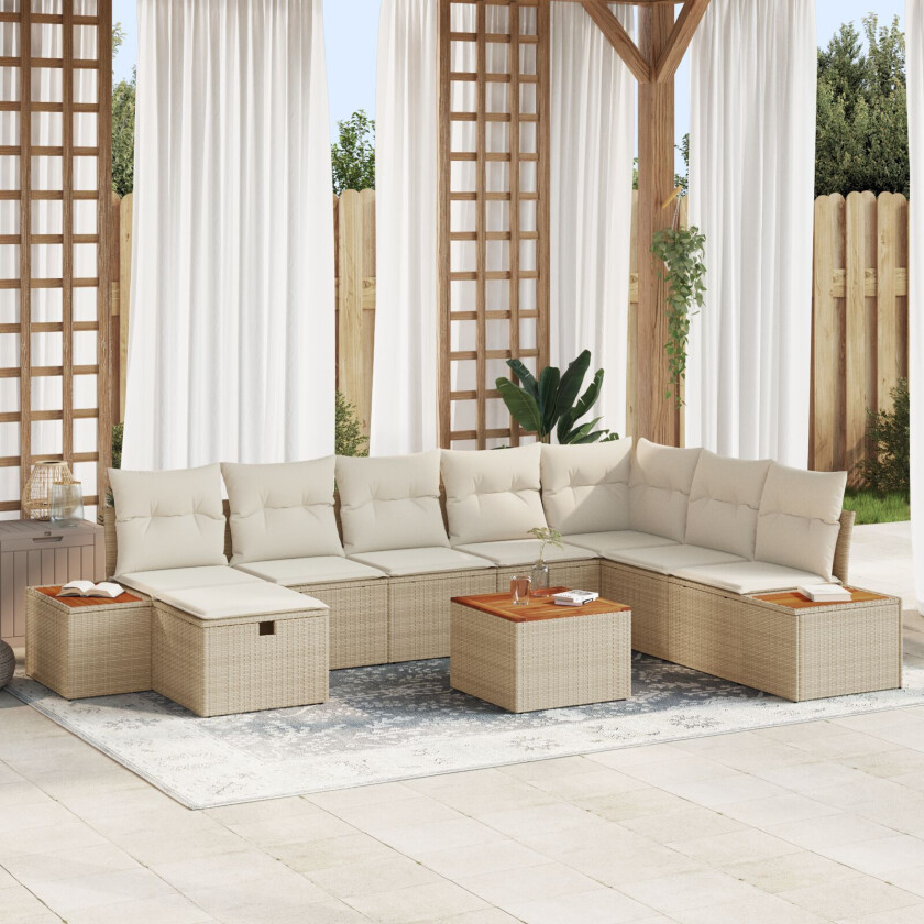 9 Delers Hagesofa-sett med Puter Beige Poly Rattan