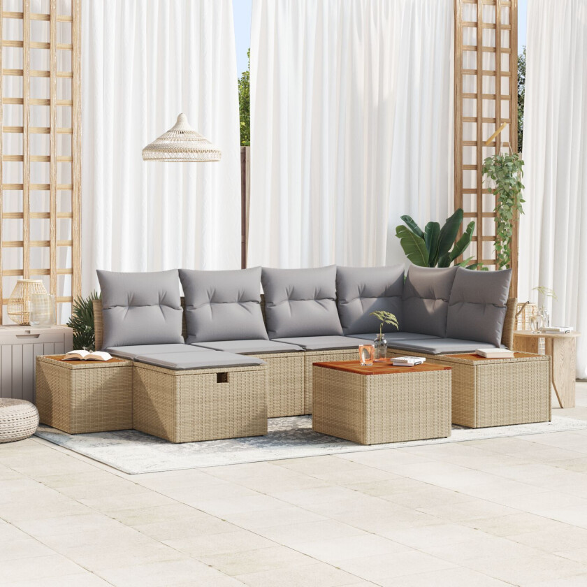 7 Delers Hage Sofa Sett med Puter Beige Poly Rattan