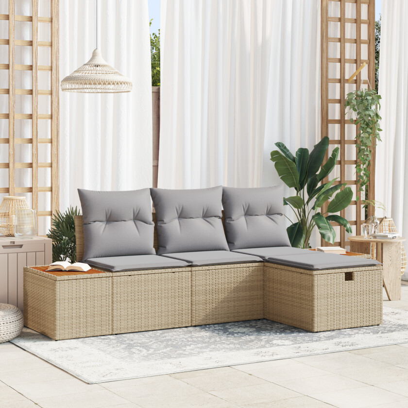 4 Delers Hagesofa Sett med Puter Beige Poly Rattan
