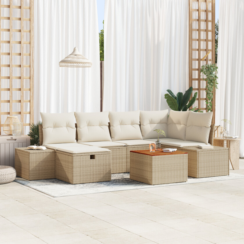 7-delt Hagesofa Set med Puter Beige Poly Rottin
