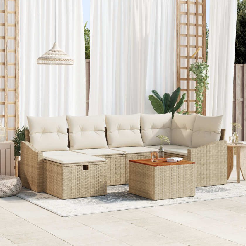 7 deler hage-sofa sett med puter beige polyrotting