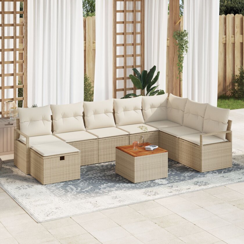 9 Delt Hagemøbel Set Med Puter Beige Poly Rottin, 2-seters Hage Sofa Med Puter Beige Poly Rottin