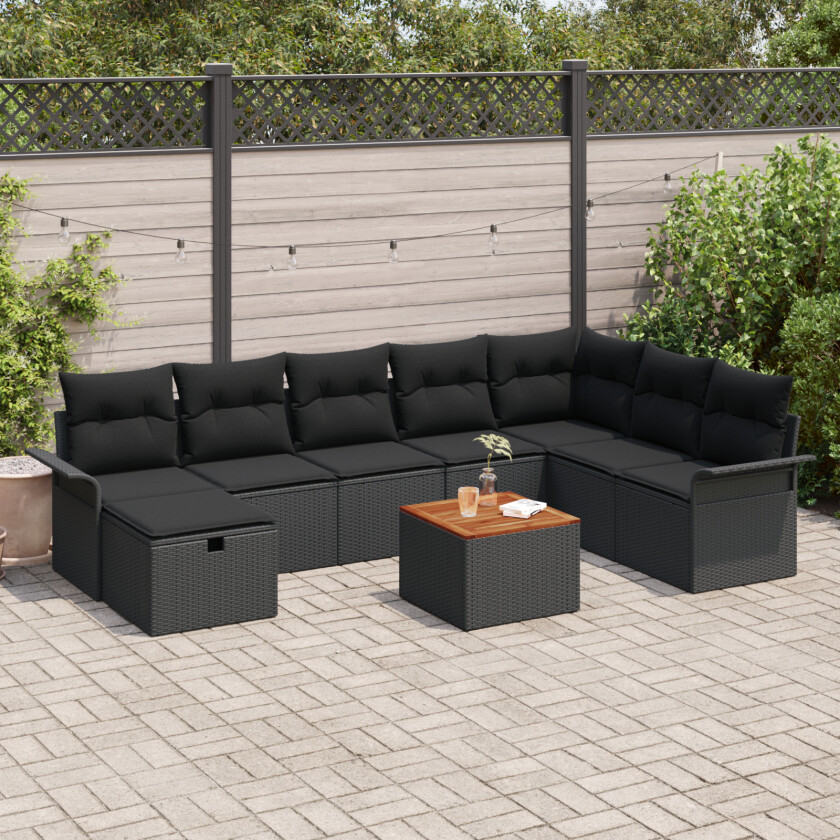 9 Delt Hage Sofa Sett med Puter Svart Poly Rattan