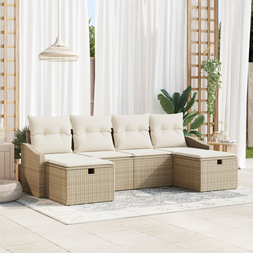 6 Delt Hage Sofa Sett med Puter Beige Poly Rattan