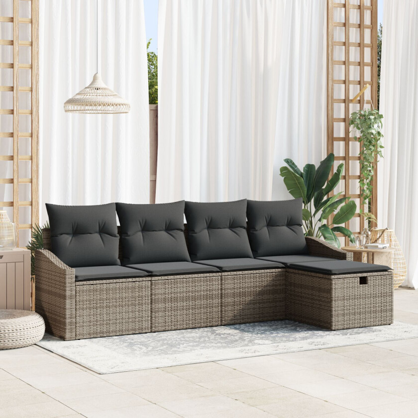 5-delt hagesofa sett med puter Grå Poly Rattan