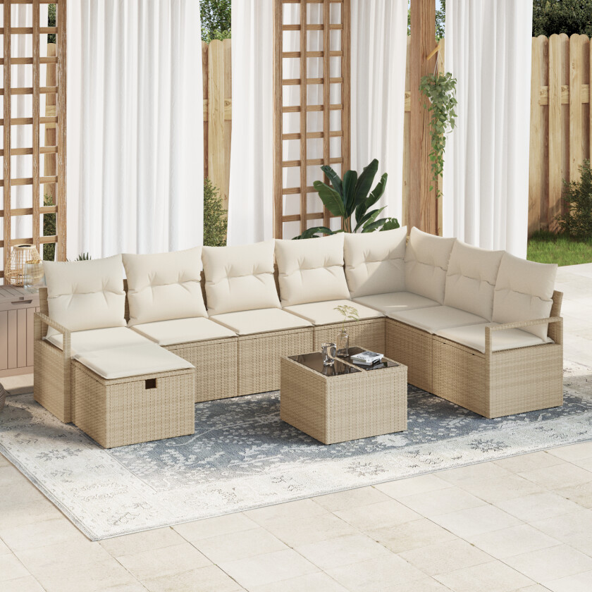 9-delt hagesofa sett med puter Beige Poly Rattan, 2-seters hagesofa med puter Beige Poly Rattan