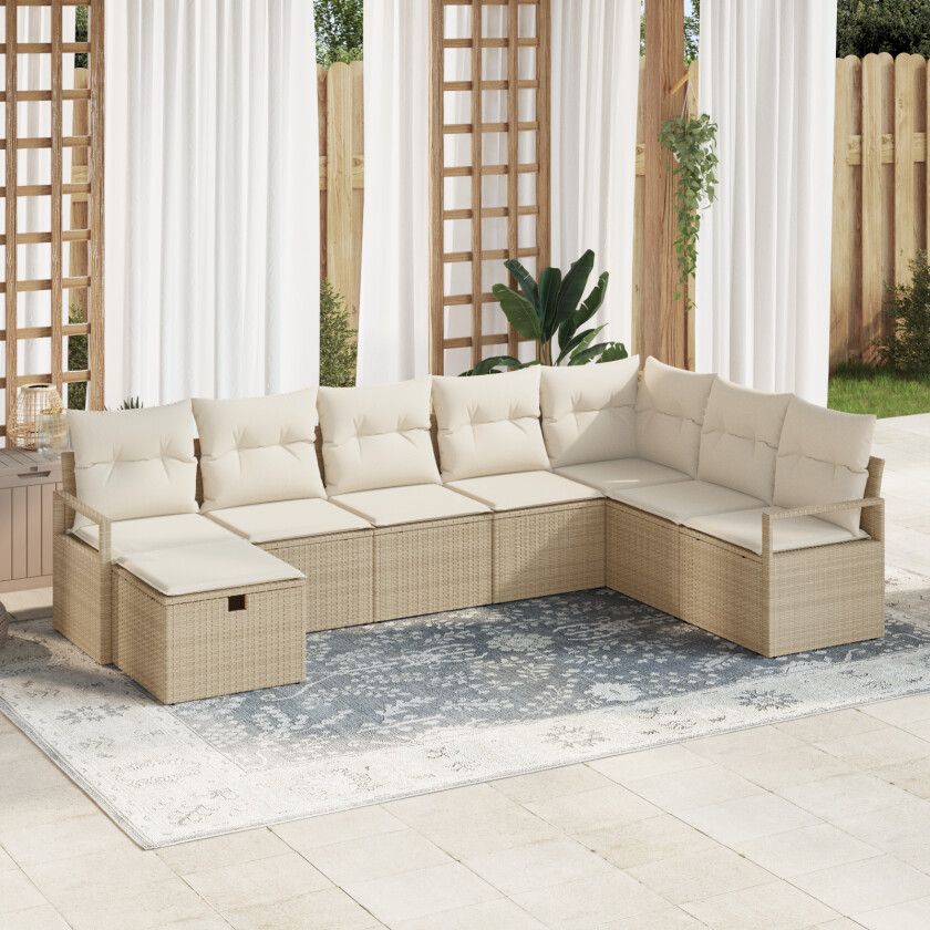 8 deler hagemøbelsofa med puter beige poly rattan, 2-seters hagemøbelsofa med puter beige poly rattan