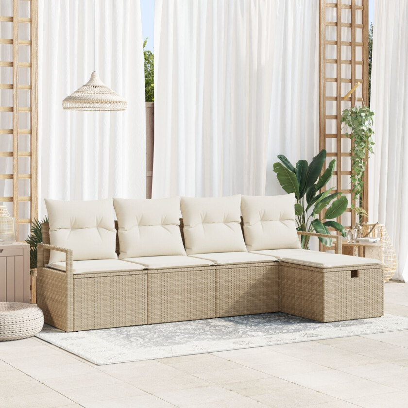 5-delt hagesofa sett med puter i beige polyrotting, 2-seters hagesofa med puter i beige polyrotting