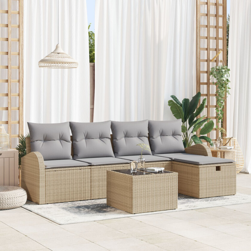 6 Delt Hagesofa Sett med Puter Beige Poly Rattan