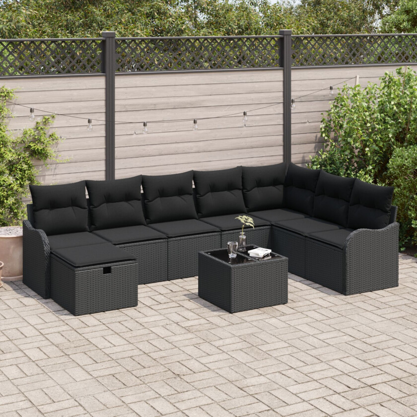 9-delt Hage Sofa Set Med Puter Svart Poly Rattan, 2-seters Hage Sofa Med Puter Svart Poly Rattan