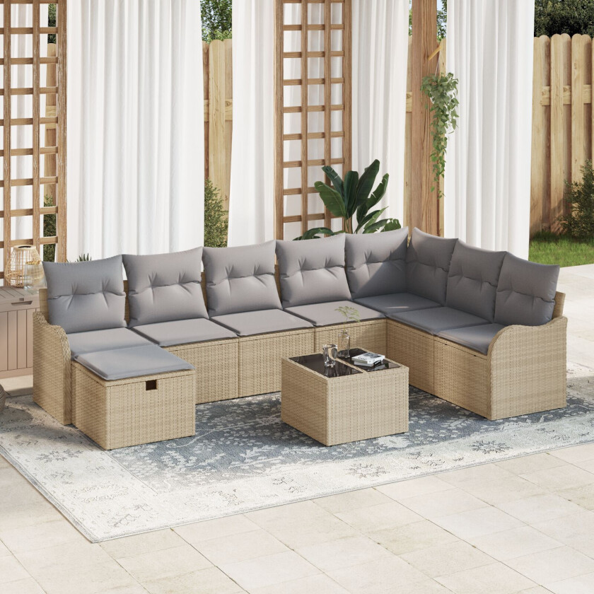 9 Delt Hage Sofa Set med Puter Beige Poly Rattan, 2-seters Hage Sofa med Puter Beige Poly Rattan