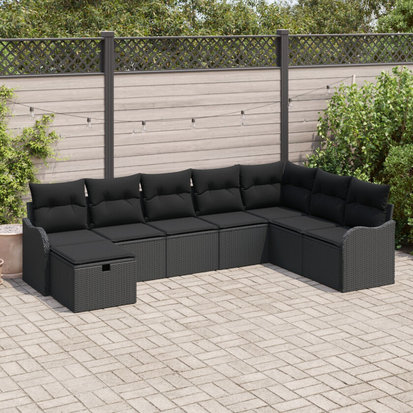 8 Delt Hagesofa Sett med Puter Svart Poly Rattan, 2-seter Hagesofa med Puter Svart Poly Rattan