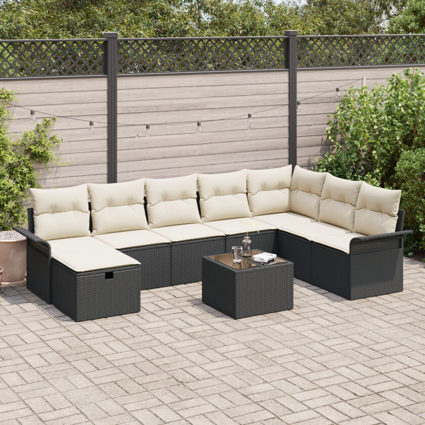 9 Stykker Hagesofa Set med Puter Sort Poly Rattan