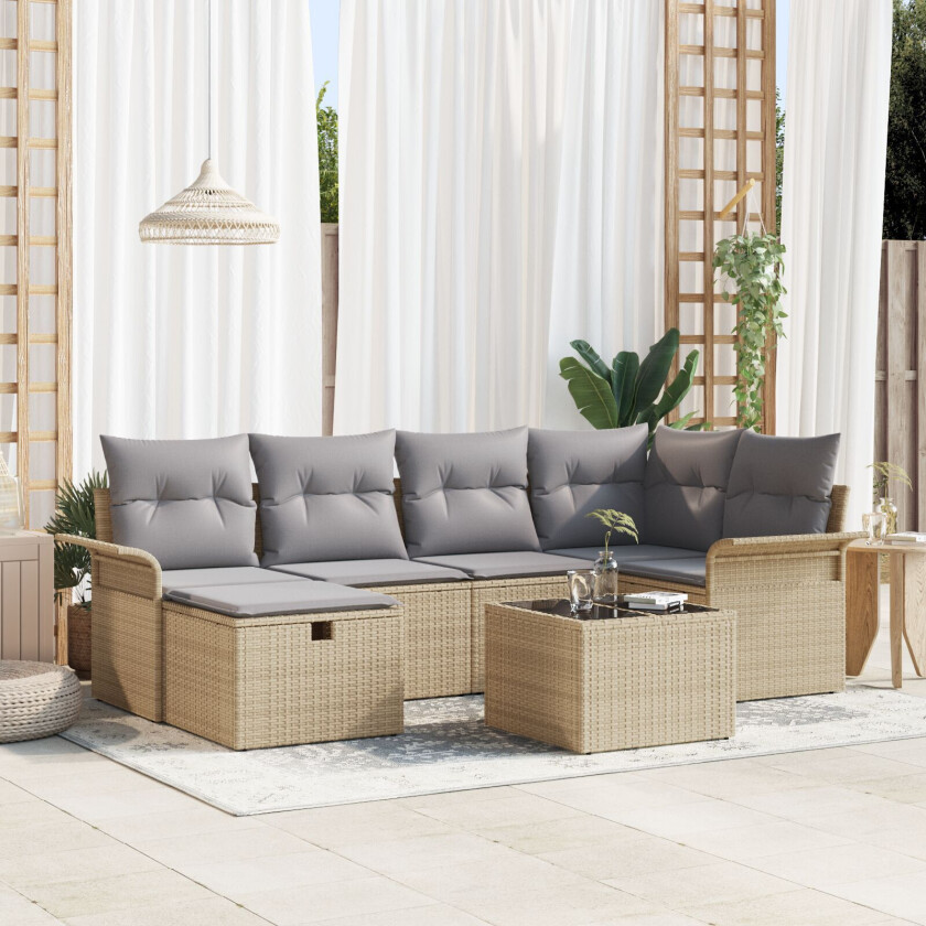 7 Delers Hage Sofa Sett med Puter Beige Poly Rattan