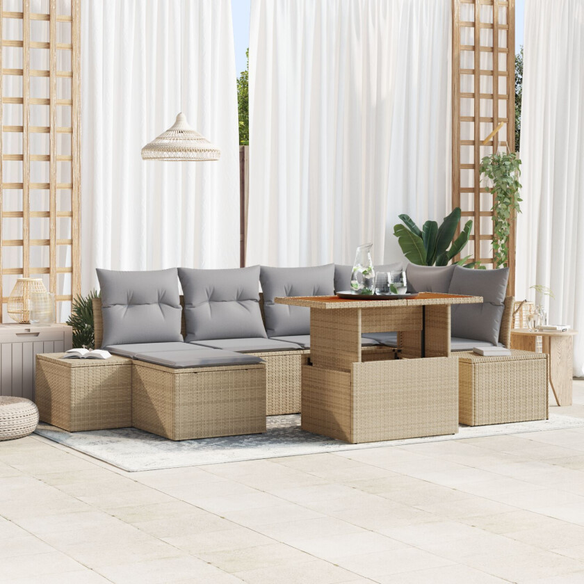 7-delt Hage Spisegruppe med Puter Beige Poly Rattan Akacia