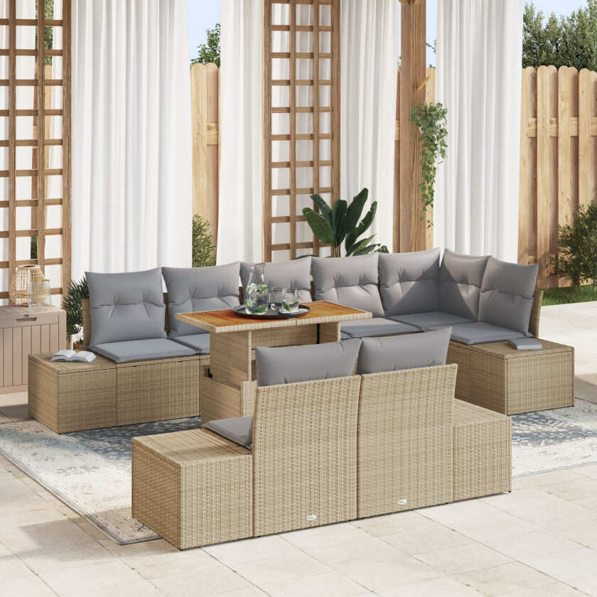 9-delt Hage Sofa Set med Puter Beige Poly Rattan