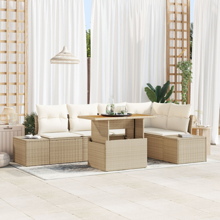 6 Delt Hage Spisebordsett med Puter Beige Poly Rattan Akacia