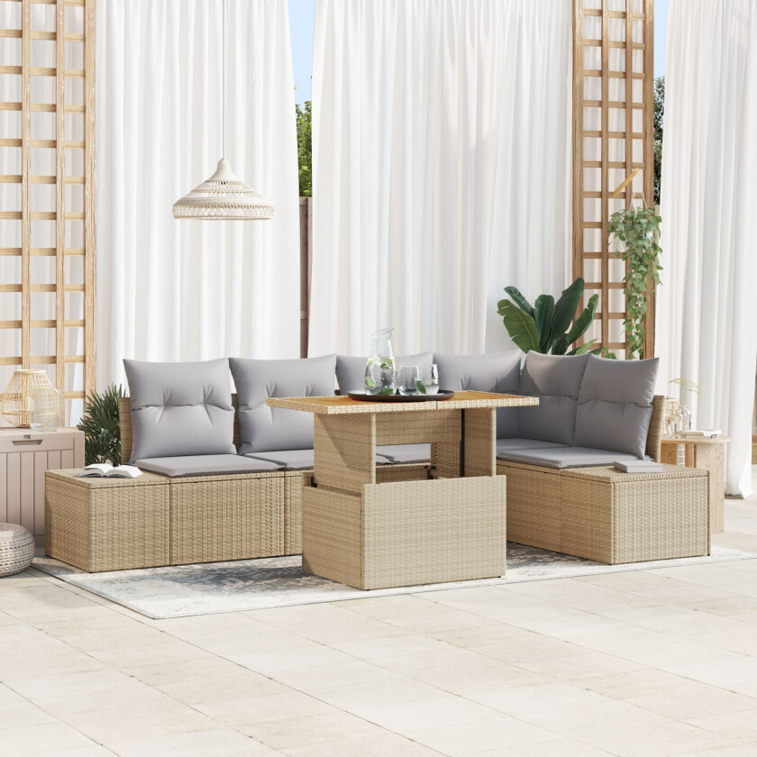 6 Delt Hage Spisesett med Puter Beige Poly Rattan Akasie