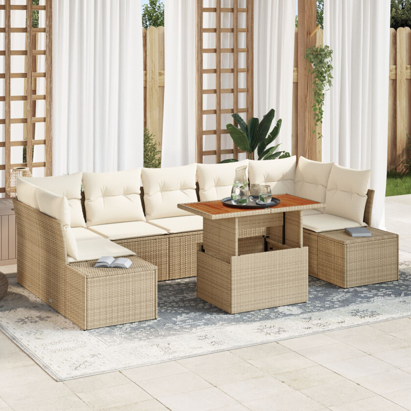 8 Delt Hagesofa Sett med Puter Beige Poly Rattan