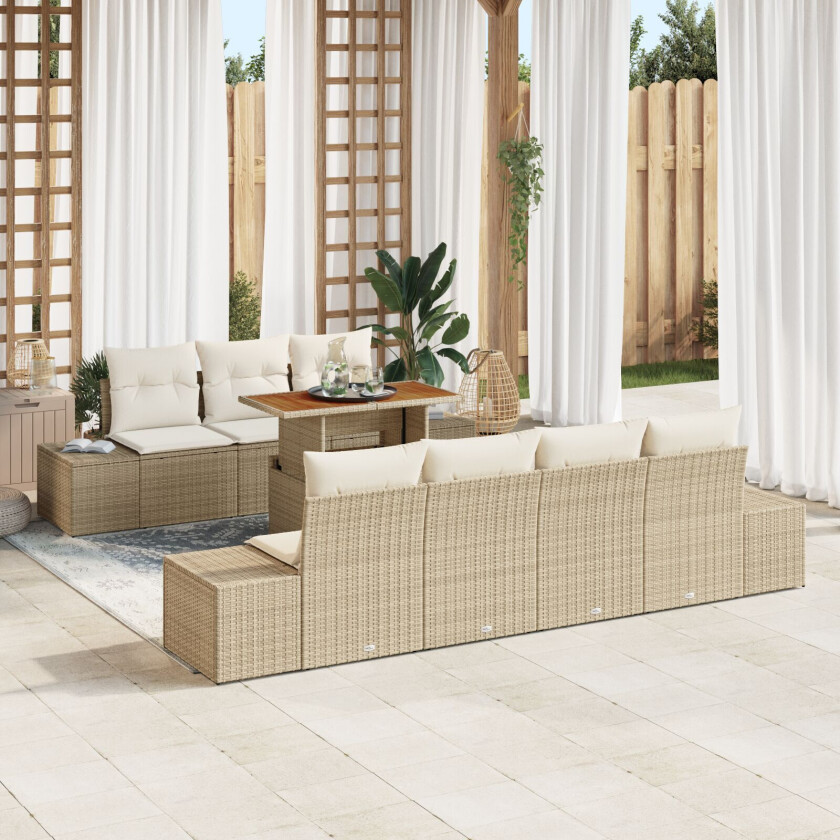 8-delt hage spisegruppe med puter Beige poly rattan Akasie