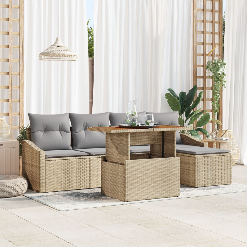 6 Delt Hagesofa Set med Puter Beige Poly Rottin