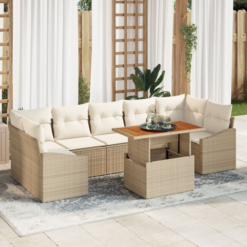 8-delt hagesofa-sett med puter beige poly rattan
