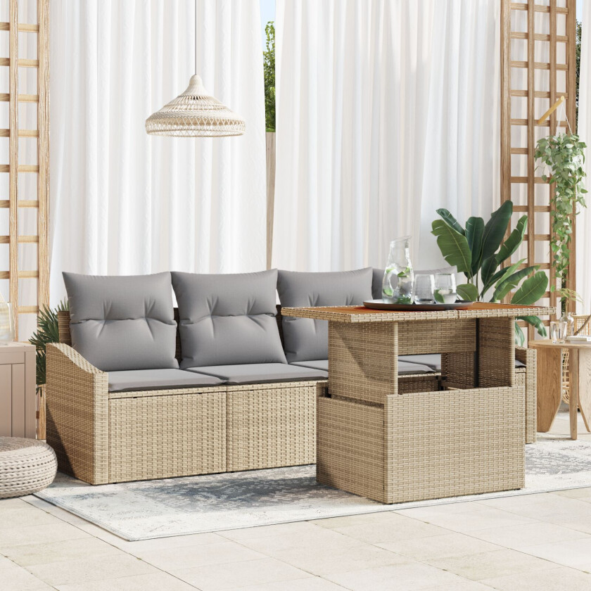 5 Dels Hagesofa Set med Puter Beige Poly Rattan