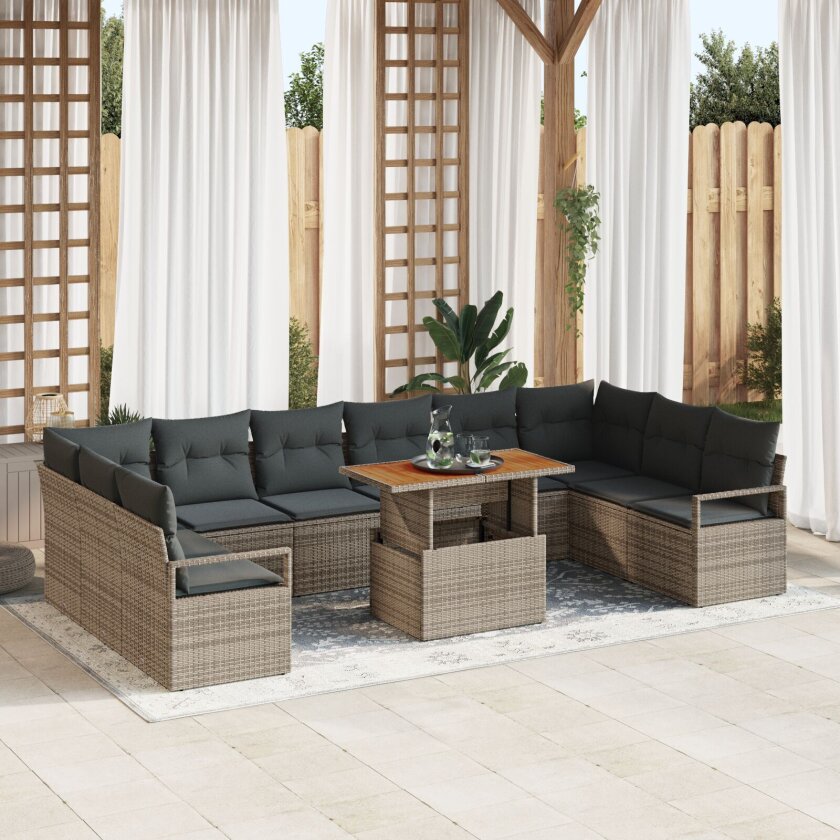 11-delt Hage Sofa Set med Puter Grå Poly Rotting, 2-seters Hage Sofa med Lagring & Puter Grå Poly Rotting