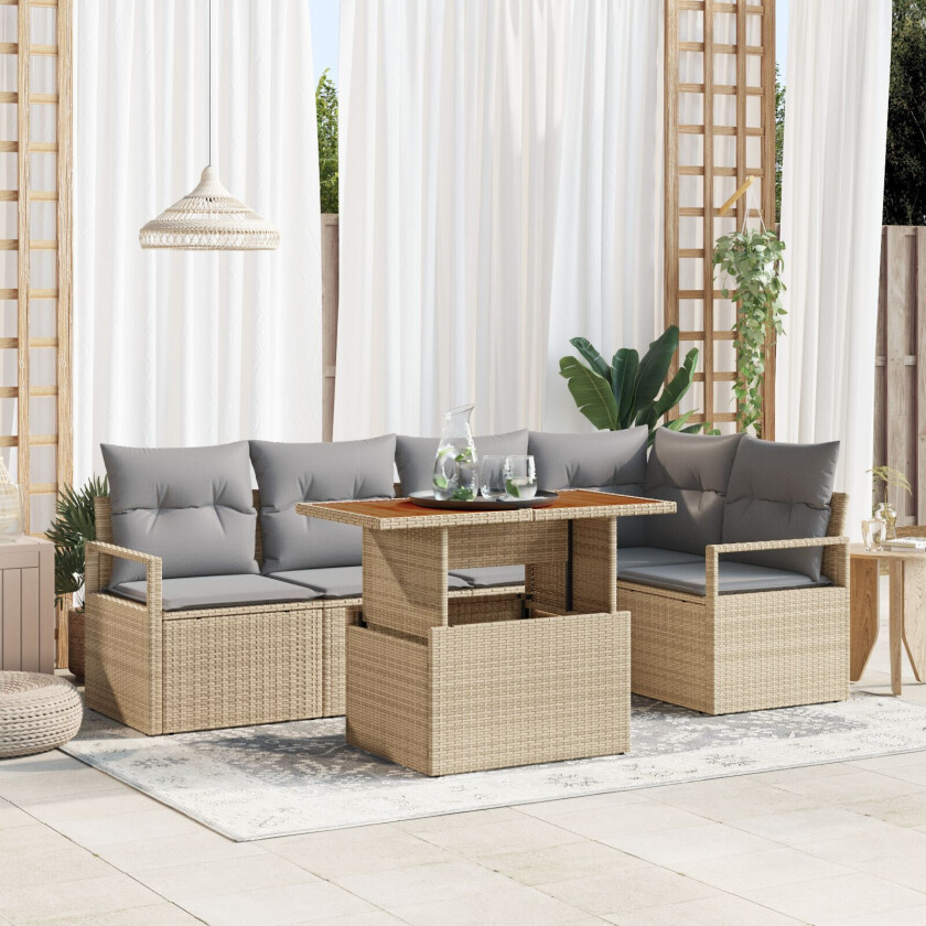 6 Delt Hage Sofa Sett Med Puter Beige Poly Rattan Akasia, 2-seters Hage Sofa Med Puter Beige Poly Rattan