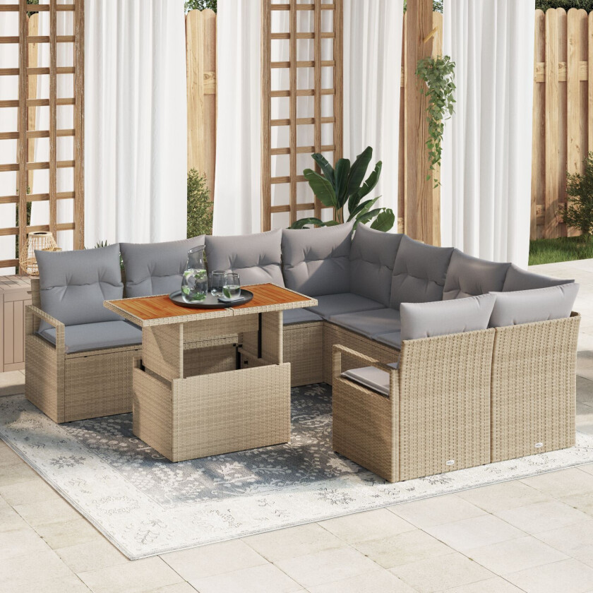 9 Delt Hagesofa Sett med Puter Beige Poly Rattan Acacia, 2-seters Hagesofa med Puter Beige Poly Rattan