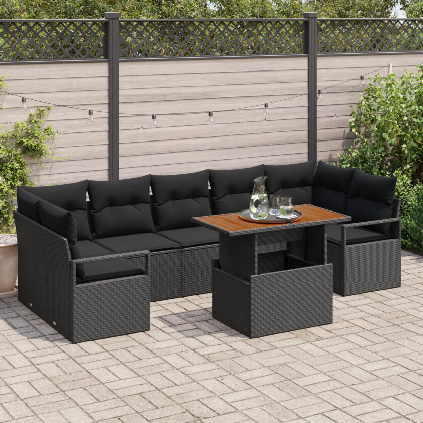 8 Delt Hage Sofa Set med Puter Svart Poly Rattan, 2-seters Hage Sofa med Oppbevaring & Puter Svart Poly Rattan