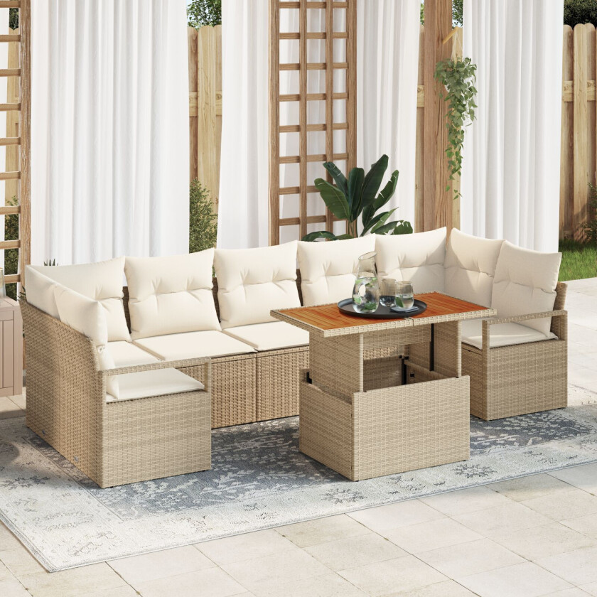 8 Delt Hage Sofa Sett med Puter Beige Poly Rattan, 2-seters Hage Sofa med Oppbevaring & Puter Beige Poly Rattan