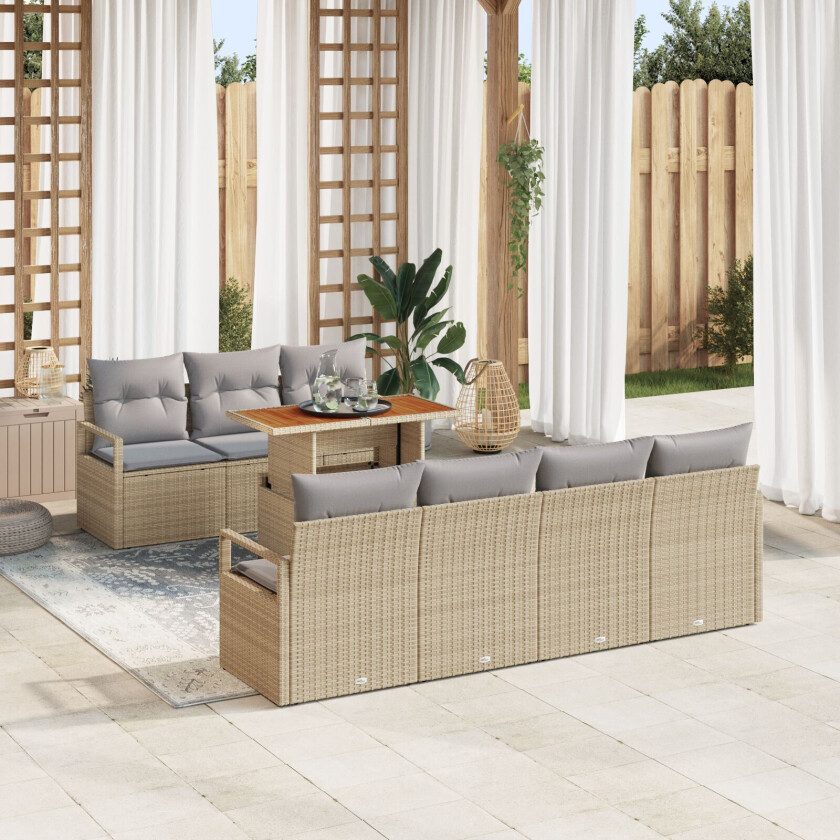 8-delers hagemøbelsett med puter beige poly rattan akasie, 2-seters hagesofa med puter beige poly rattan