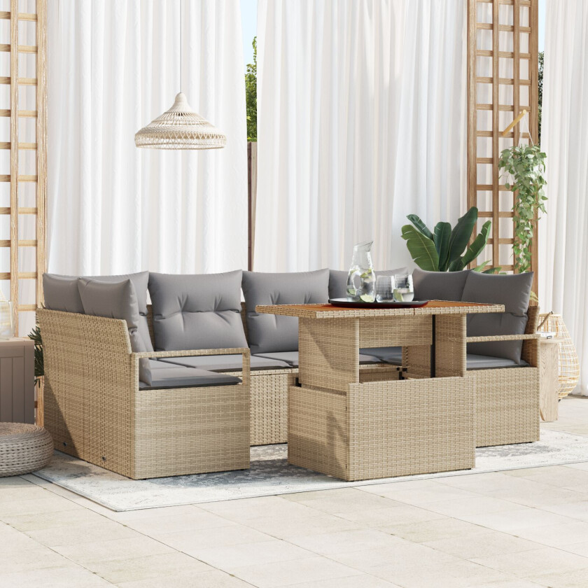 7 Delt Hage Sofa Set Med Puter Beige Poly Rotting Akasie, 2-seters Hage Sofa Med Puter Beige Poly Rotting