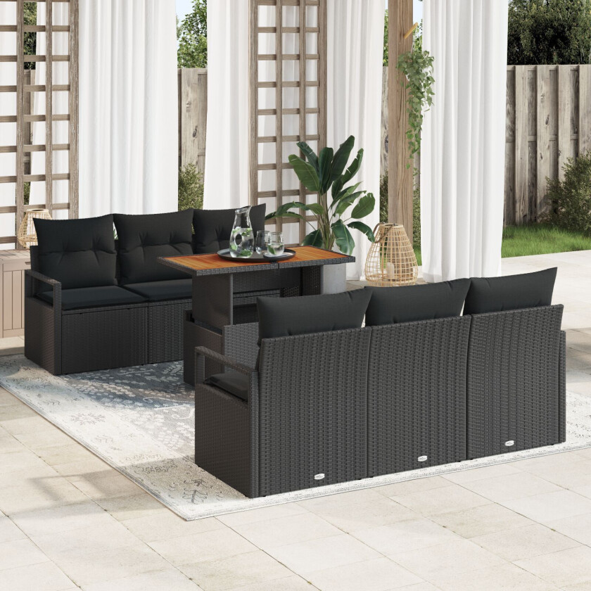 7 deler hagesofa sett med puter svart poly rattan, 2-seters hagesofa med oppbevaring & puter svart poly rattan