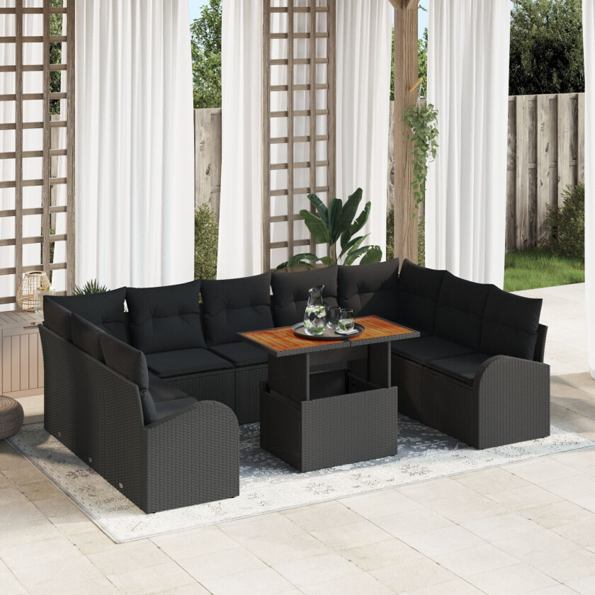 10-delt Hage Sofa Sett med Puter Svart Poly Rattan, 2-seter Hage Sofa med Oppbevaring & Puter Svart Poly Rattan