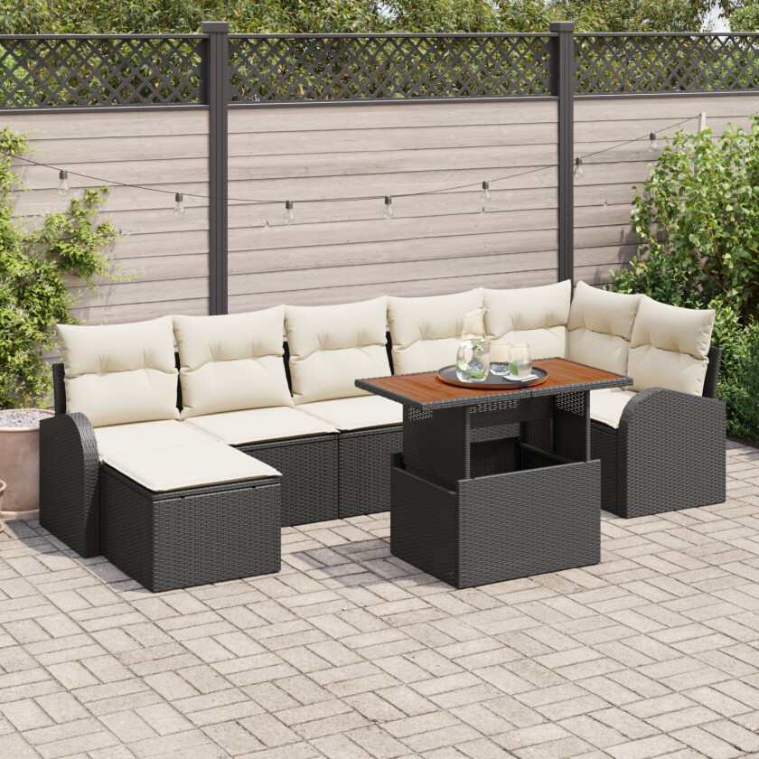 8 Delt Hagesofa Sett med Puter Svart Poly Rattan, 2-seters Hagesofa med Oppbevaring & Puter Svart Poly Rattan