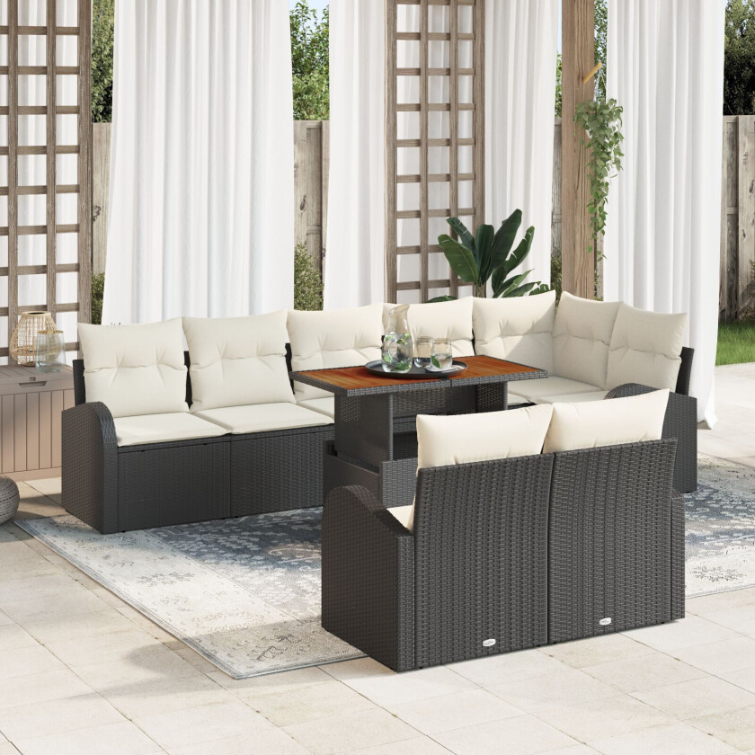 9-delt Hage Sofaset med Puter Svart Poly Rattan, 2-seters Hage Sofa med Oppbevaring & Puter Svart Poly Rattan