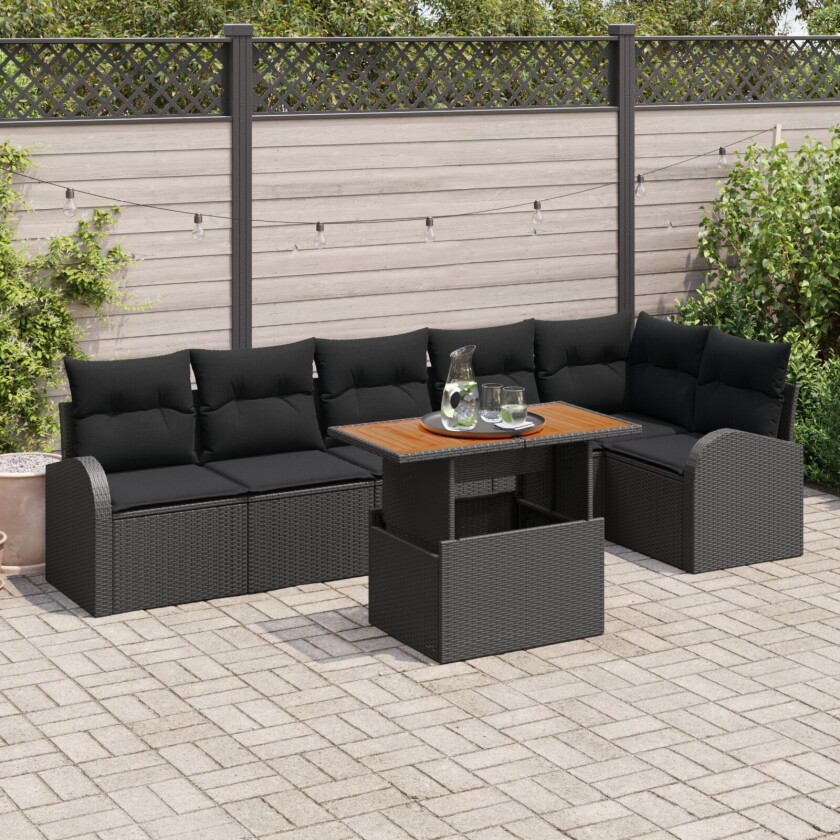7 deler Hage Sofa Set med Puter Svart Poly Rattan, 2-seters Hage Sofa med Oppbevaring & Puter Svart Poly Rattan