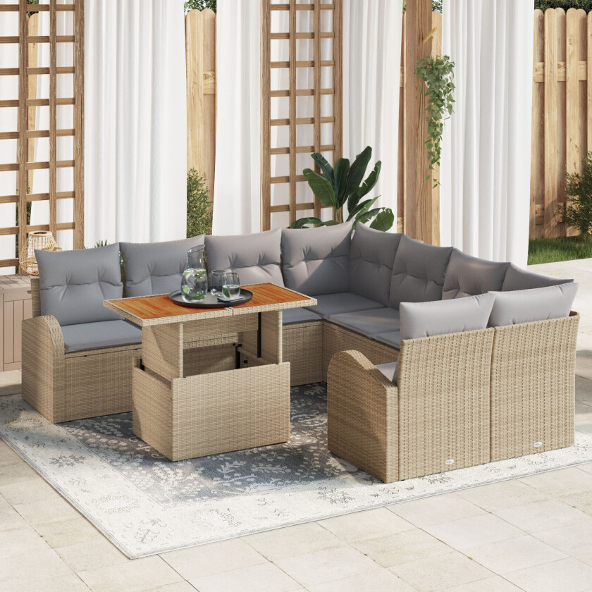 9 Delt Hage Spisebordsett med Puter Beige Poly Rattan Akacia