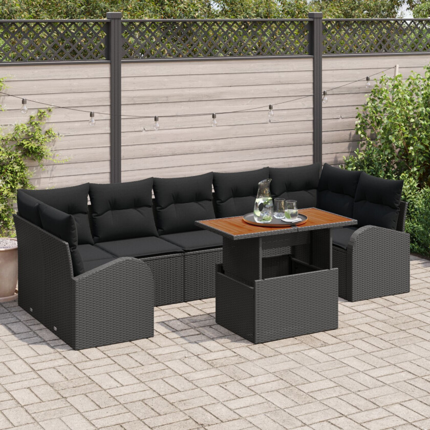 8 Delt Hagesofa Set med Puter Svart Poly Rattan, 2-seters Hagesofa med Oppbevaring & Puter Svart Poly Rattan
