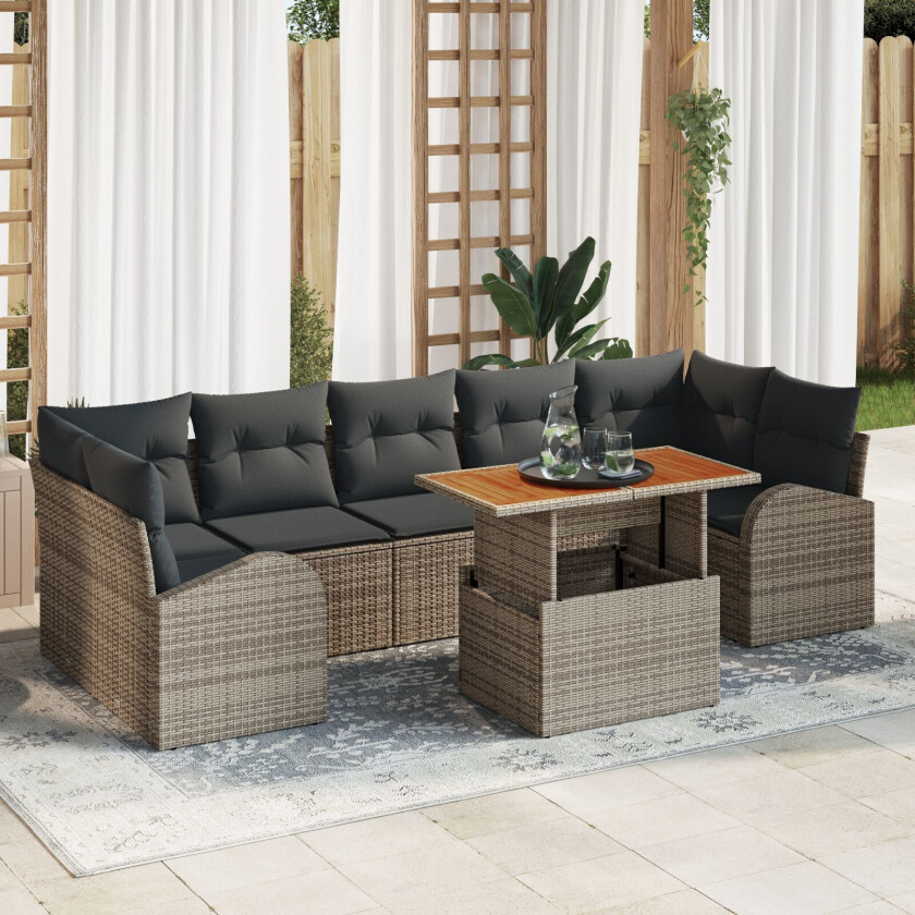 8 Delers Hage Sofa Sett med Puter Grå Poly Rattan, 2-seters Hage Sofa med Oppbevaring & Puter Grå Poly Rattan