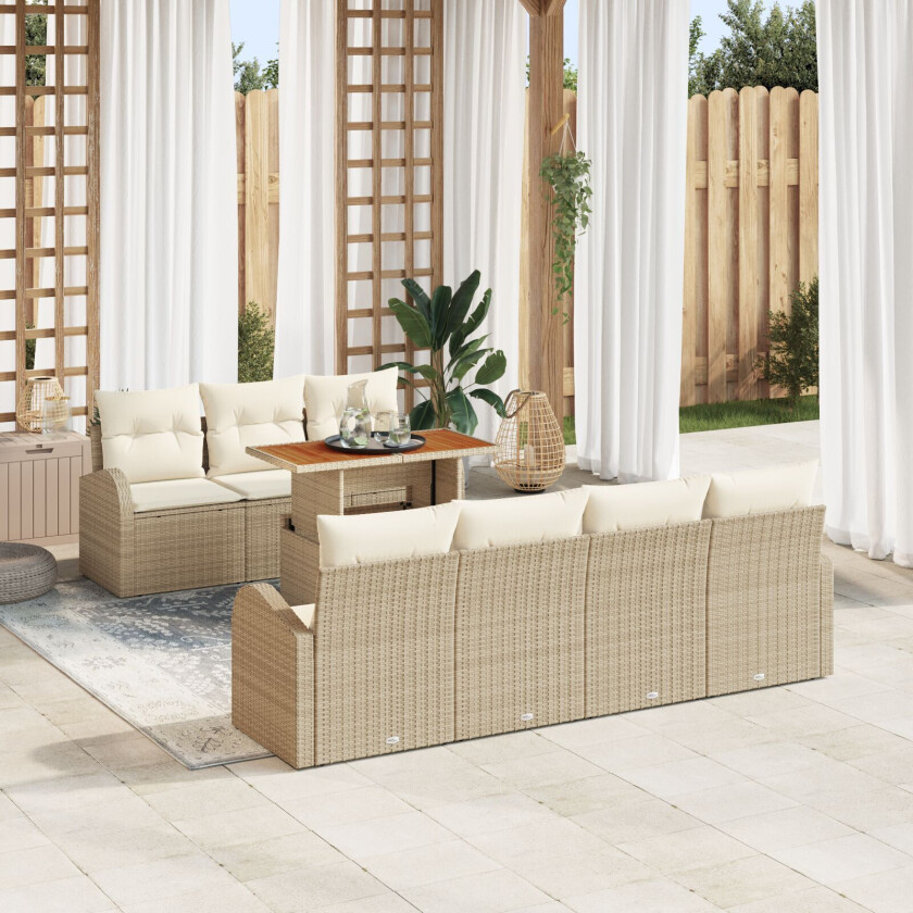 8-delers hagemøbelsett med puter Beige Poly Rattan, 2-seters hagesofa med oppbevaring & puter Beige Poly Rattan